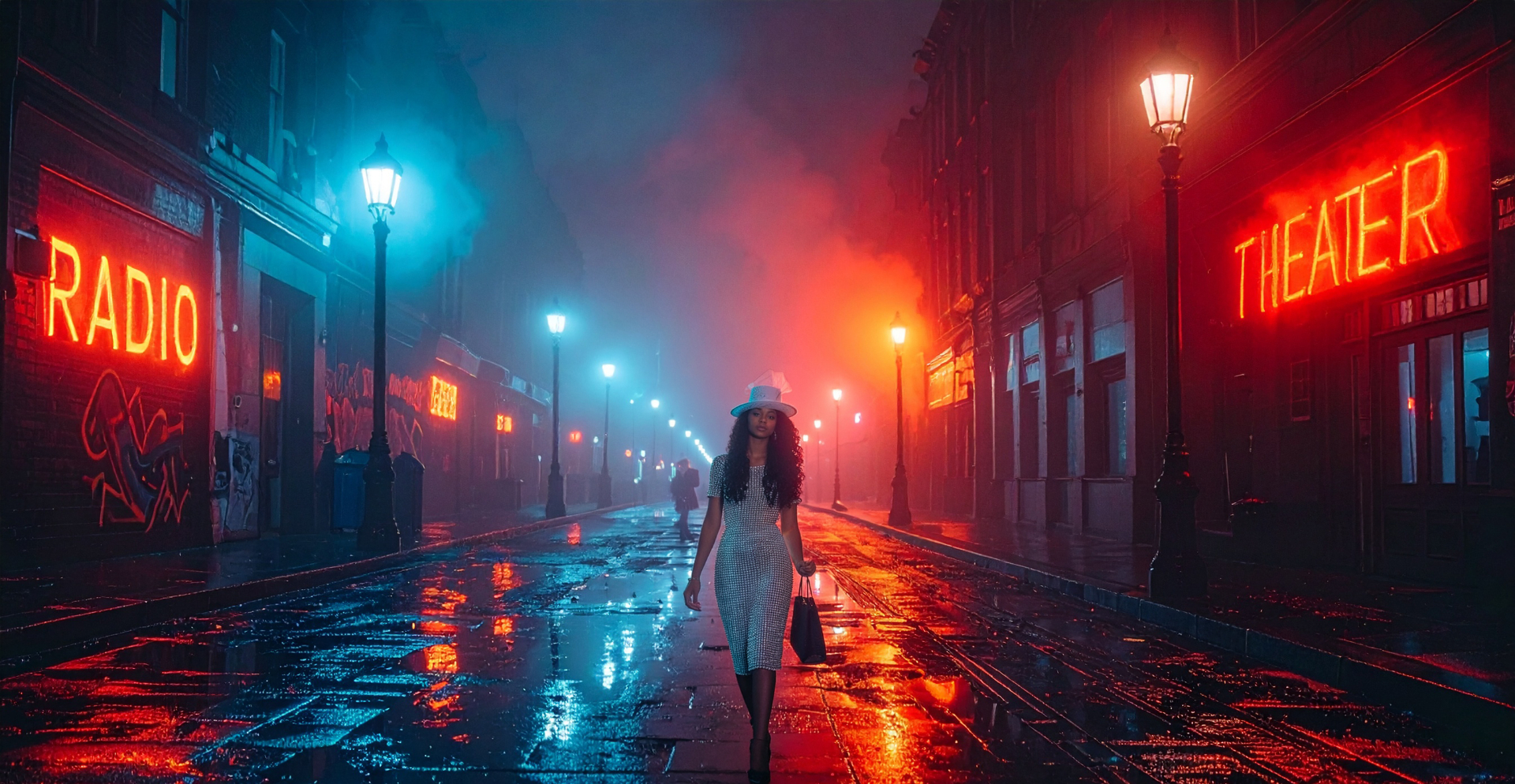 Rain-lit Coffy Town street at night with a woman in a long coat walking between glowing neon RADIO and THEATER signs