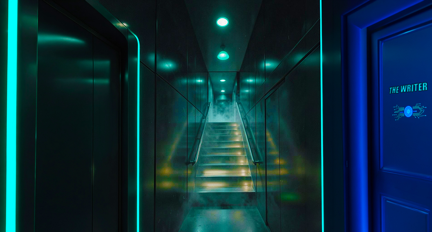 A teal-lit stairwell between an elevator and The Writer's blue office door, rising toward the Rooftop Pool