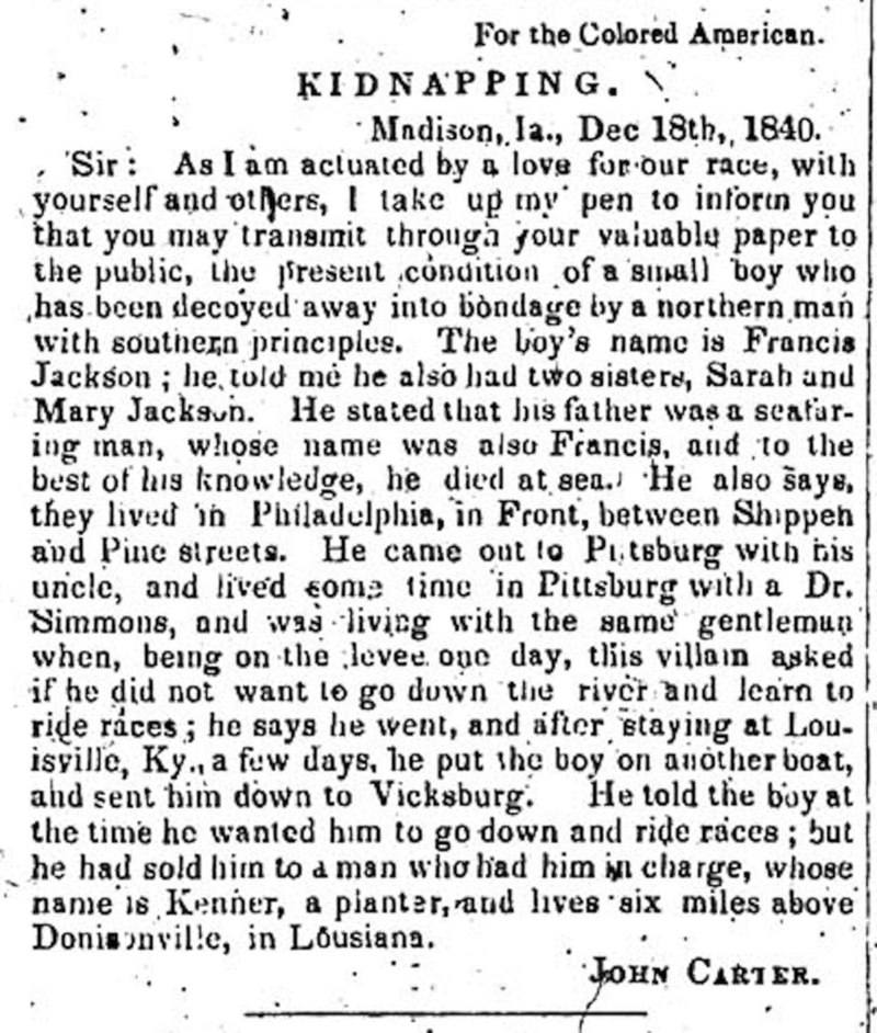 “Kidnapping” — letter to the Colored American