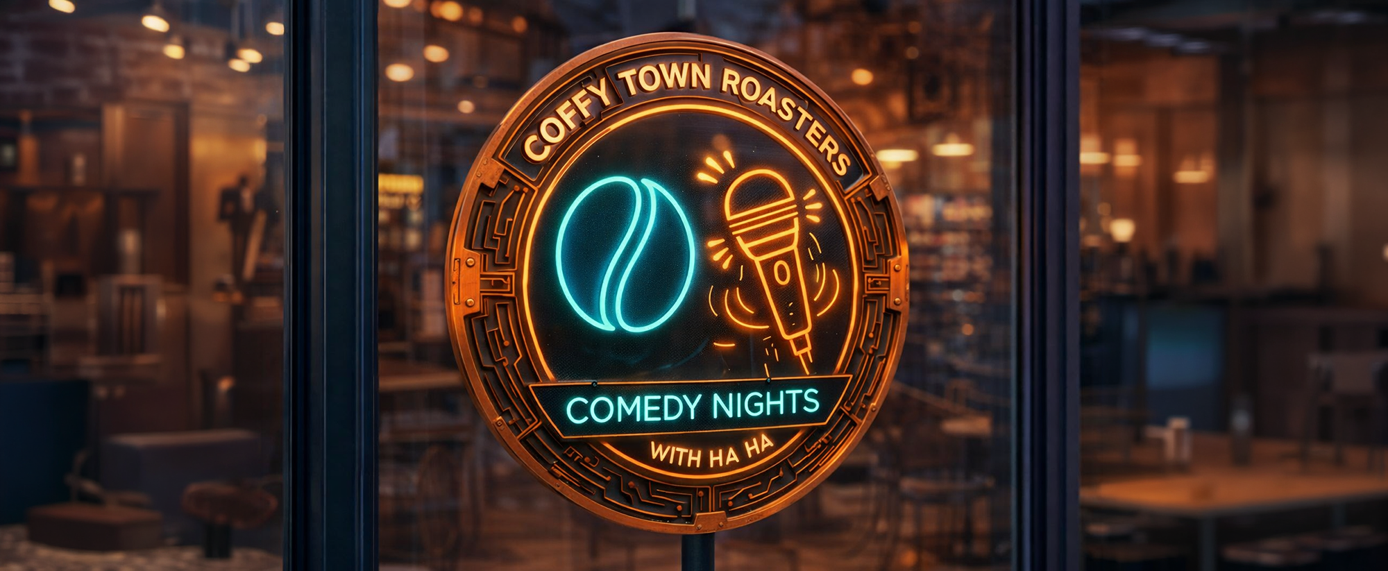 Neon Coffy Town Roasters sign reading Comedy Nights with Ha Ha, glowing teal and amber in a cafe window