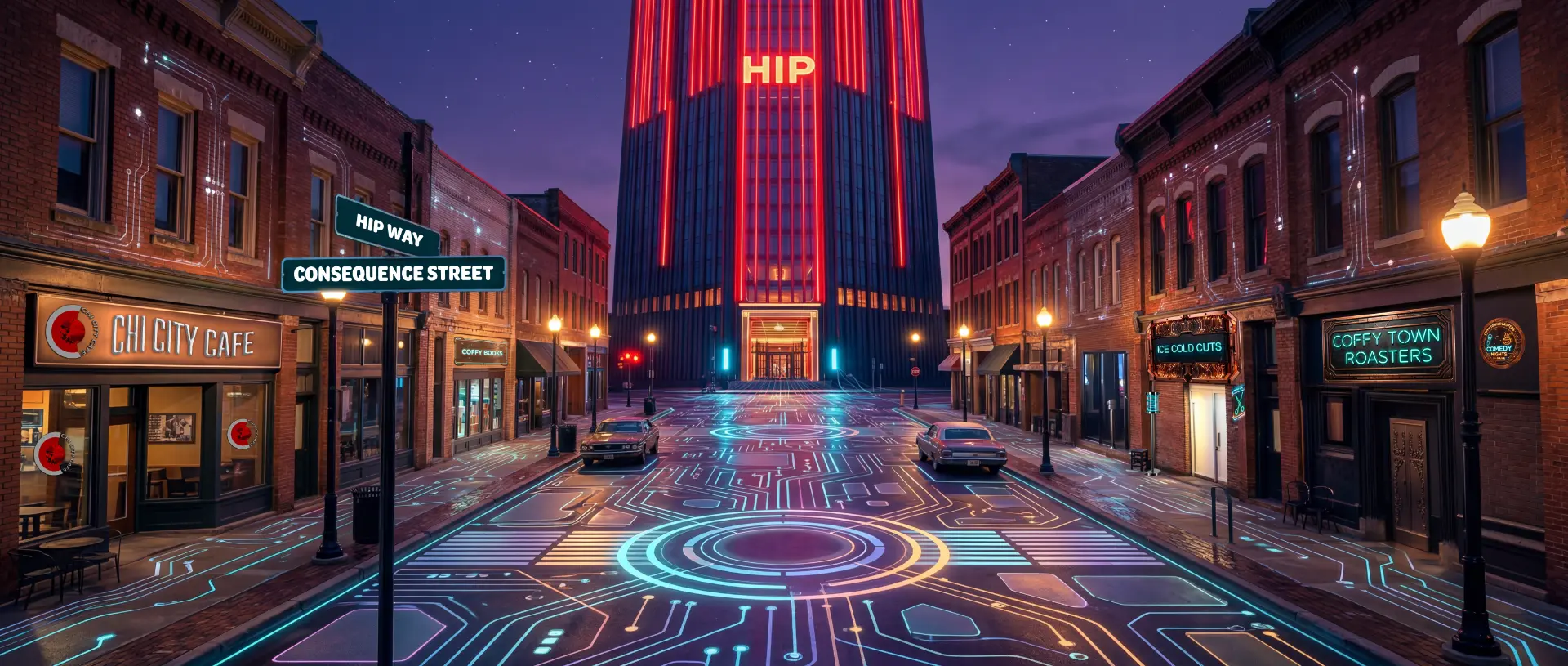 HIP Way leading toward the neon HIP IP Tower, with Chi City Cafe, Coffy Books, Ice Cold Cuts, and Coffy Town Roasters along the street.